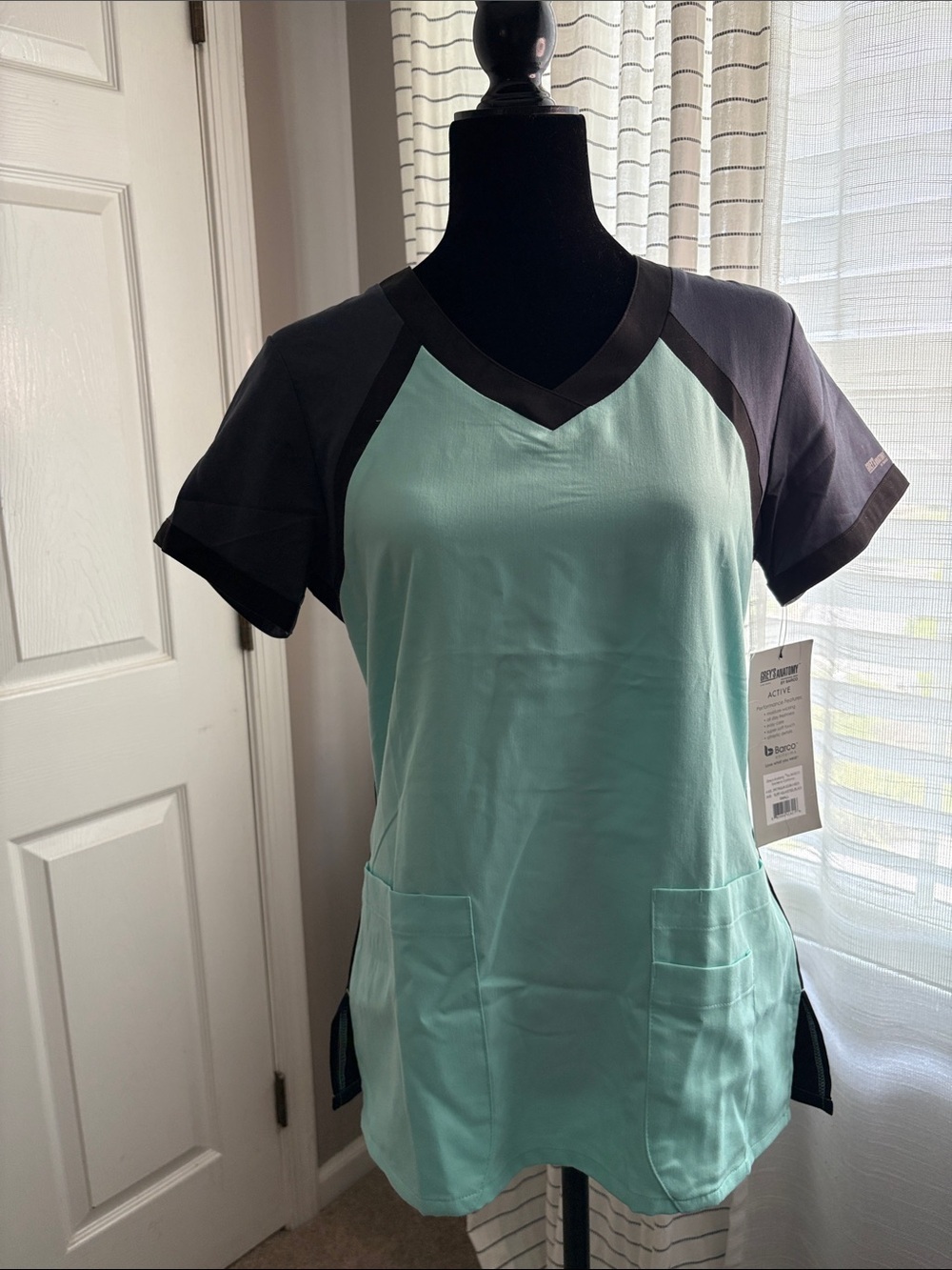 Grey's Anatomy Mint and Charcoal Raglan V-Neck Scrub Top